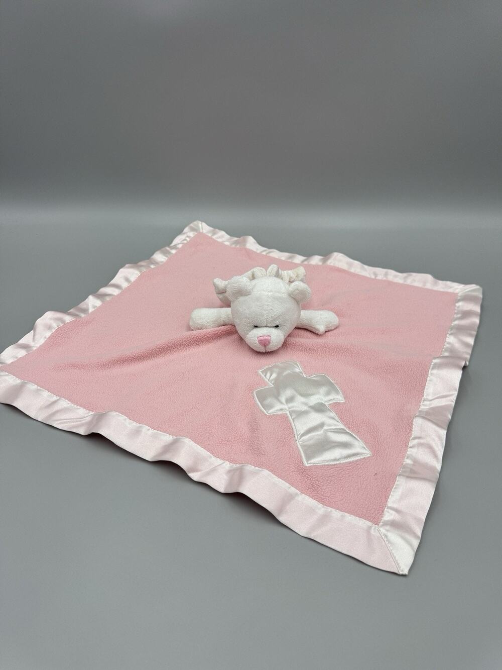 Baby Boom Pink White Angel Bear Cross Lovey Security Blanket Satin Trim